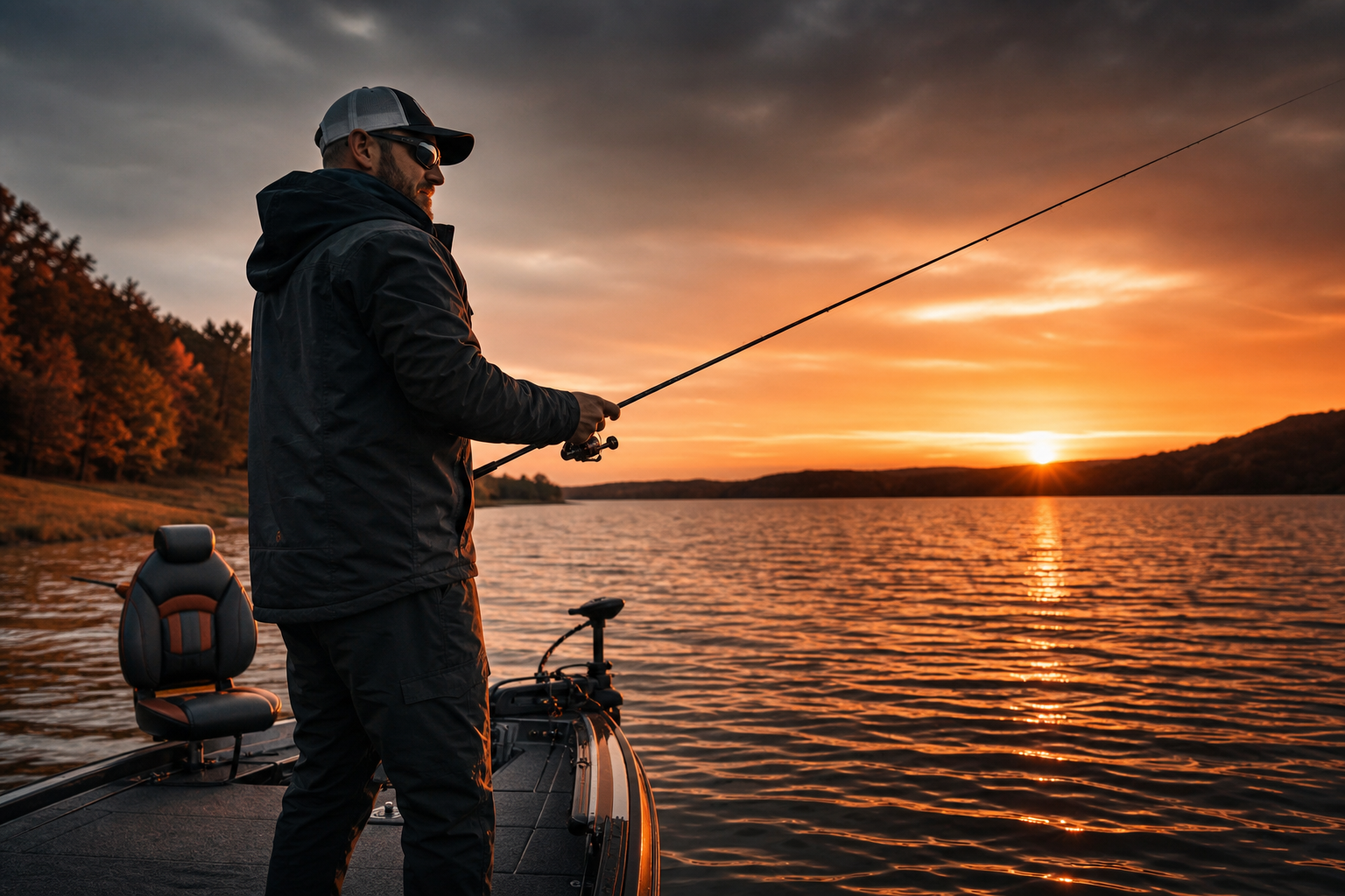Angler on lake at sunset